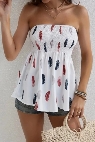 Kadın Yaprak Desenli Göğsü Gipeli Mosskrep Straplez Bluz