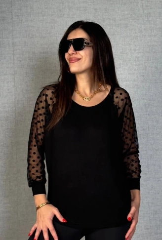 Kadın Yarasa Kol Puantiyeli Tül Detay Bluz