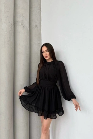 Kadın Yarım Balıkçı Yaka Kolları Transparan Astarlı Full şifon Elbise