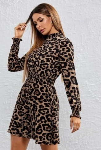 Kadın Yarım Balıkçı Yaka Uzun Kollu Leopar Desen Mini Elbise