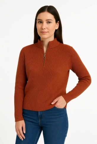 KADIN Yarım Fermuarlı Triko Kazak – Selanik Örgü, Dik Yaka, Pamuklu Dokuma, Oversize Uzun Kollu Kışlık Model - Kiremit