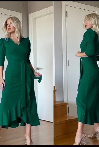 Kadın Yeşil Krep Kumaş Midi Boy Kuşaklı Uzunkol Elbise