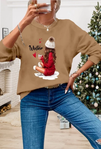 Kadın Yılbaşı özel Uzun Kollu Bisiklet Yaka Desenli Viskon Iki Iplik Bluz