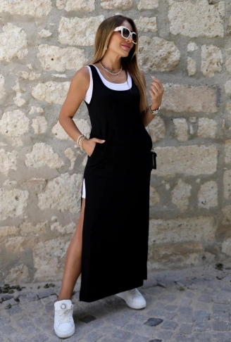 Kadın Yırtmaç Detaylı Viskon Kumaş Maxi Boy Cepli Iç Dahil Ikili Elbise