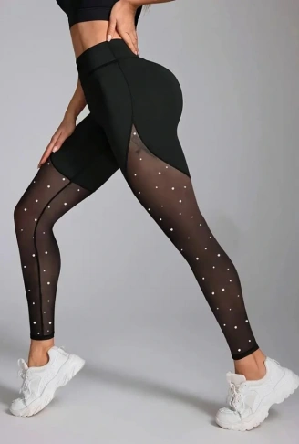 Kadın Yüksek Bel Asimetrik Kesim Detaylı Taşlı Tüllü Spor Dalgıç Tayt