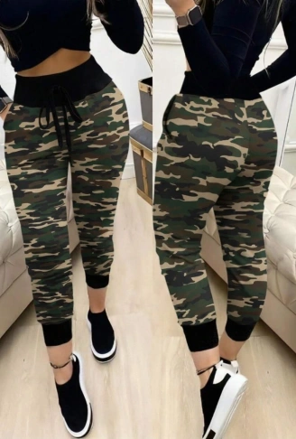 Kadın Yüksek Bel Bağcıklı Desenli Iki Iplik Pantolon