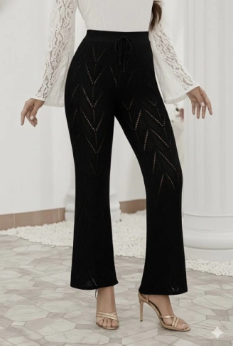 Kadın Yüksek Bel Bağcıklı Desenli Trikopantolon