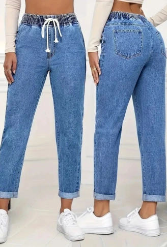 Kadın Yüksek Bel Bağcıklı Kot Pantolon