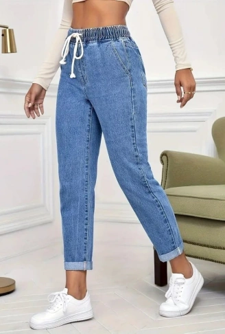 Kadın Yüksek Bel Bağcıklı Kot Pantolon