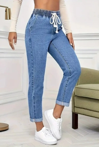 Kadın Yüksek Bel Bağcıklı Kot Pantolon