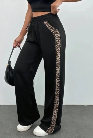 Kadın Yüksek Bel Bağcıklı Yanları Leopar Desenli Viskon Iki Iplik Pantolon