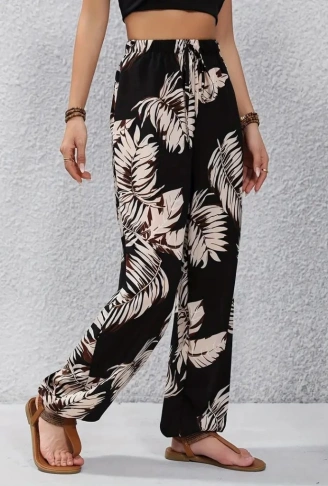Kadın Yüksek Bel Bağcıklı Yaprak Desenli Süprem Pantolon