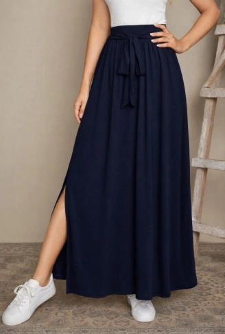 Kadın Yüksek Bel Bei Kuşaklı Yandan Yırtmaçlı Uzun Sandy Etek