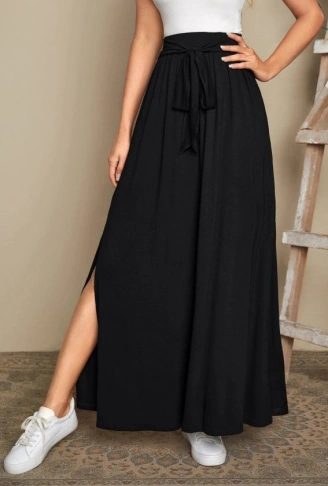 Kadın Yüksek Bel Bei Kuşaklı Yandan Yırtmaçlı Uzun Sandy Etek