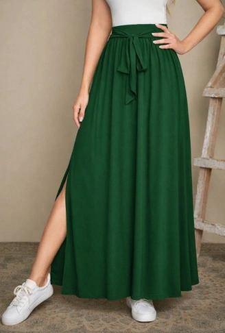 Kadın Yüksek Bel Bei Kuşaklı Yandan Yırtmaçlı Uzun Sandy Etek