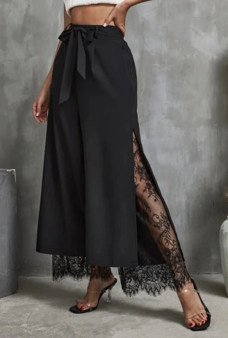 Kadın Yüksek Bel Belden Kuşaklı üst Dalgıç Alt Dantel Detaylı Dalgıç Pantolon