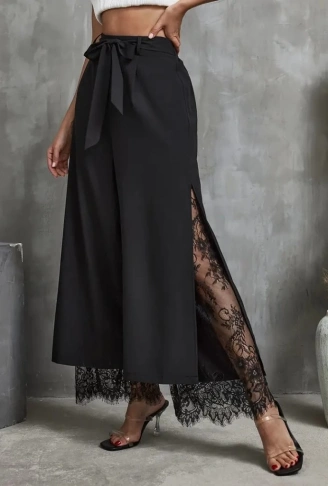 Kadın Yüksek Bel Belden Kuşaklı üst Dalgıç Alt Dantel Detaylı Dalgıç Pantolon Takım