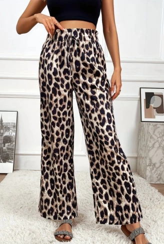 Kadın Yüksek Bel Beli Lastikli Bağcıklı Leopar Desenli Süprem Pantolon