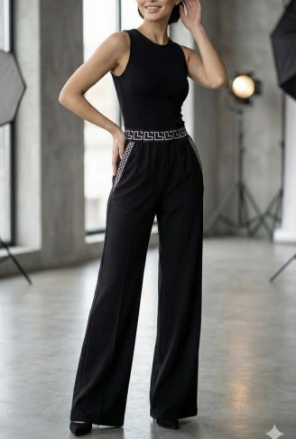 Kadın Yüksek Bel Beli Lastikli Genç Paçalı Ithal Krep Pantolon