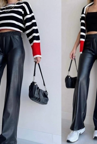 Kadın Yüksek Bel Beli Lastikli Geniş Paçalı Deri Pantolon