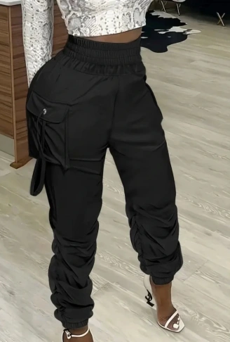 Kadın Yüksek Bel Beli Lastikli Kargo Cep Detaylı Gabardin Pantolon