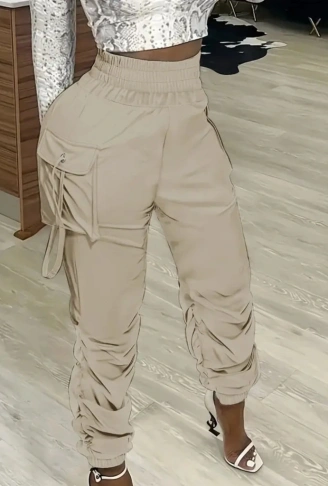 Kadın Yüksek Bel Beli Lastikli Kargo Cep Detaylı Gabardin Pantolon