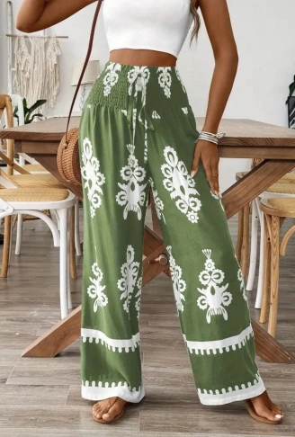 Kadın Yüksek Bel Büzgülü Etnik Desen Baskılı Süprem Pantolon