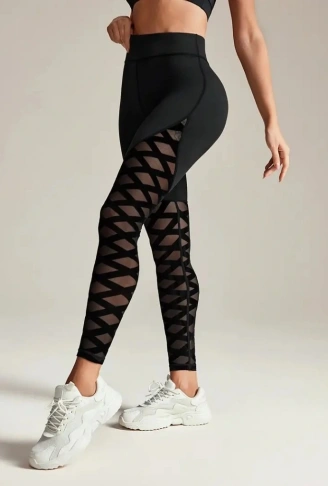 Kadın Yüksek Bel çapraz Desen Tül Detaylı Spor Dalgıç Tayt