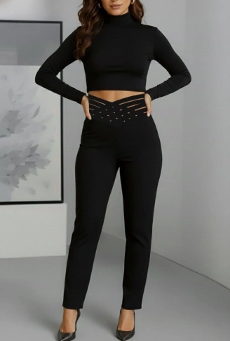 Kadın Yüksek Bel çapraz şerit Detaylı Ithal Krep Pantolon