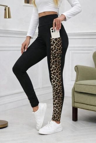 Kadın Yüksek Bel Cep Detaylı Leopar Desenli Dalgıç Tayt