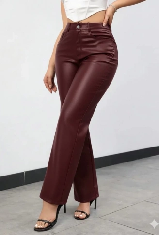 Kadın Yüksek Bel Cepli Deri Pantolon