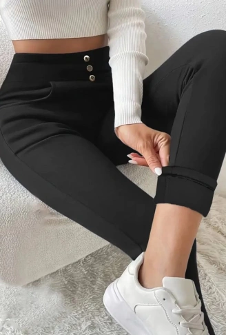 Kadın Yüksek Bel Cepli Düğmeli şardonlu Dalgıç Tayt Pantolon