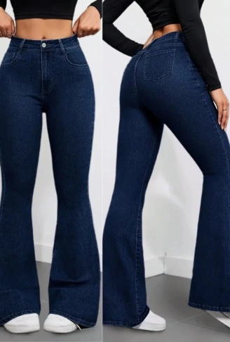 Kadın Yüksek Bel Cepli İspanyol Paçalı Kot Pantolon