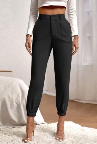 Kadın Yüksek Bel Cepli Paçası Lastikli Ithal Krep Pantolon