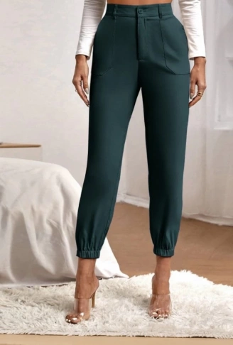 Kadın Yüksek Bel Cepli Paçası Lastikli Ithal Krep Pantolon