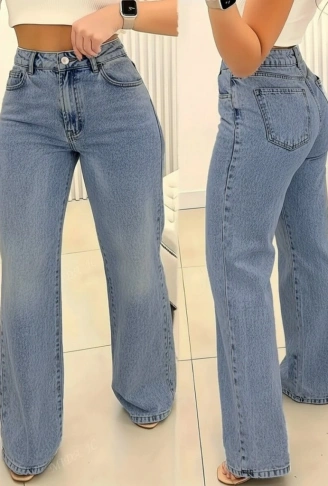 Kadın Yüksek Bel Cepli Paçaya Doğru Geniş Kot Pantolon