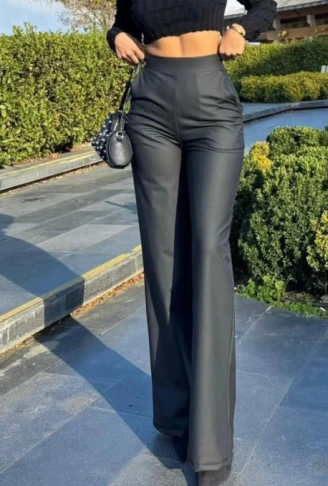 Kadın Yüksek Bel Cepli şardonlu Geniş Paçalı Mat Deri Pantolon