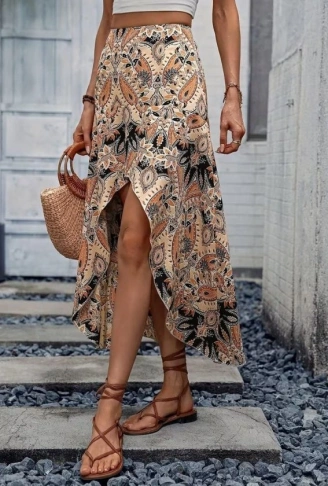 Kadın Yüksek Bel çiçek Desenli önü Asimetrik Detaylı Uzun Süprem Etek