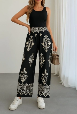 Kadın Yüksek Bel Desenli Lastikli Süprem Pantolon