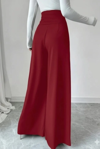 Kadın Yüksek Bel Düğmeli Geniş Paçalı Ithal Krep Pantolon