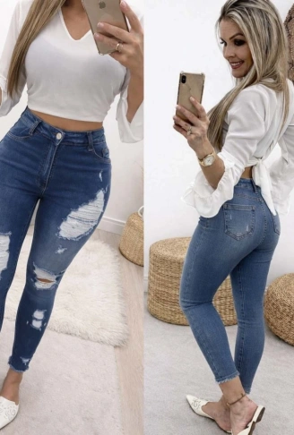 Kadın Yüksek Bel Düğmeli Yırtık Kot Pantolon