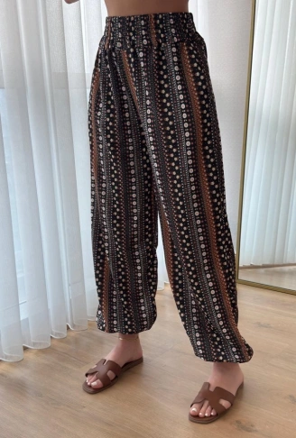 Kadın Yüksek Bel Etnik Desenli Geniş Dökümlü Bürümcük Pantolon