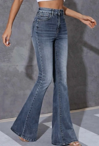 Kadın Yüksek Bel Fermuarlı İspanyol Paçalı Kot Pantolon