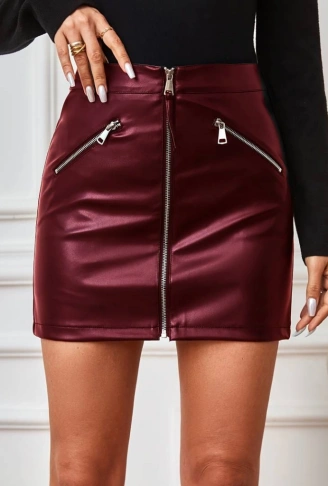 Kadın Yüksek Bel Fermuarlı Mini Deri Etek