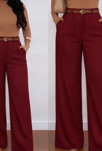 Kadın Yüksek Bel Geniş Paça Detaylı Cepli Ithal Krep Pantolon
