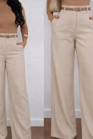 Kadın Yüksek Bel Geniş Paça Detaylı Cepli Ithal Krep Pantolon