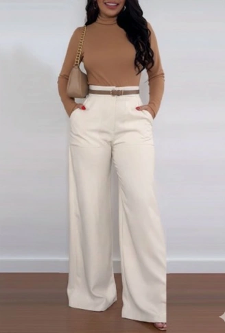 Kadın Yüksek Bel Geniş Paça Detaylı Cepli Ithal Krep Pantolon
