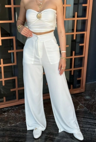 Kadın Yüksek Bel Geniş Paça Detaylı Cepli Ithal Krep Pantolon