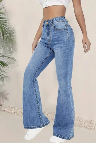 Kadın Yüksek Bel İspanyol Paça Kot Pantolon