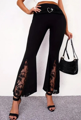 Kadın Yüksek Bel Kalpli Kemer Dantel Detaylı Dalgıç Pantolon
